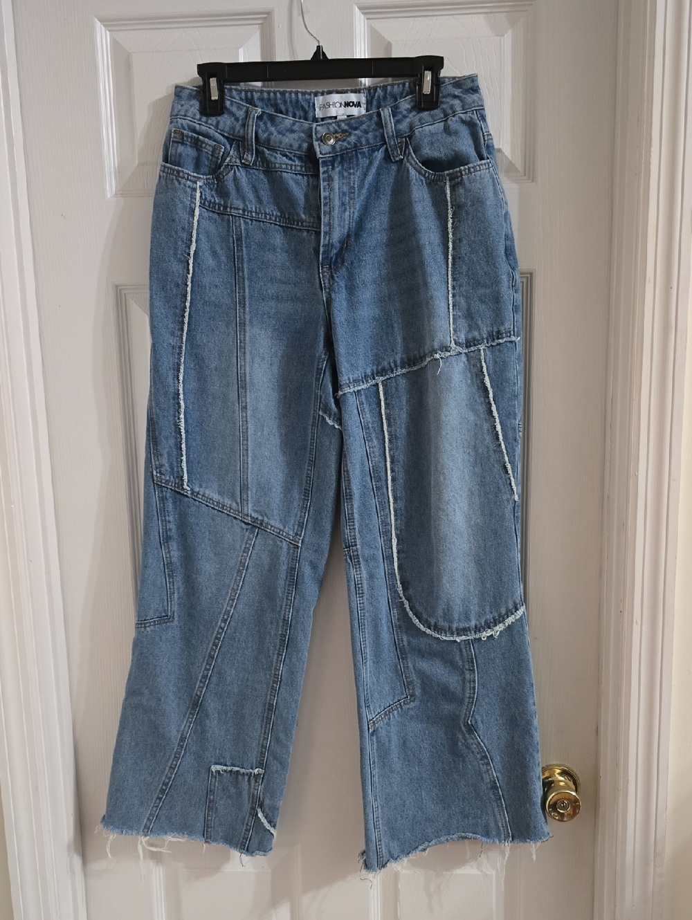 Patchwork Wide-Leg Jeans in Light Blue - Fashion Nova